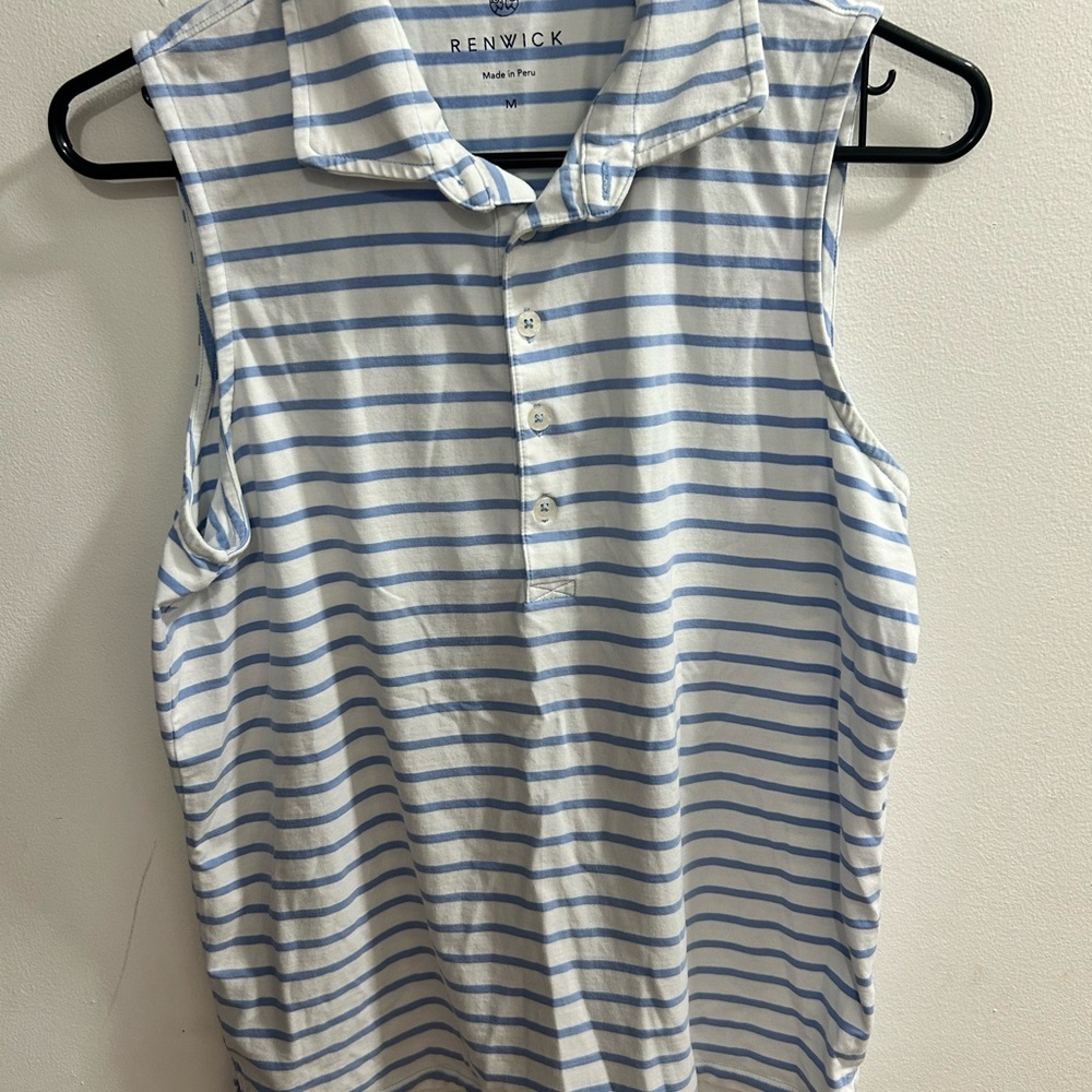 RENWICK Womens Blue White Stripe Sleeveless Collared Polo Shirt‎ Size M